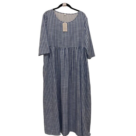 NWT Maxi Striped Cottage Core Beach Loose Fit Dress, Cinched Waist, Scoop Neck - Picture 1 of 4